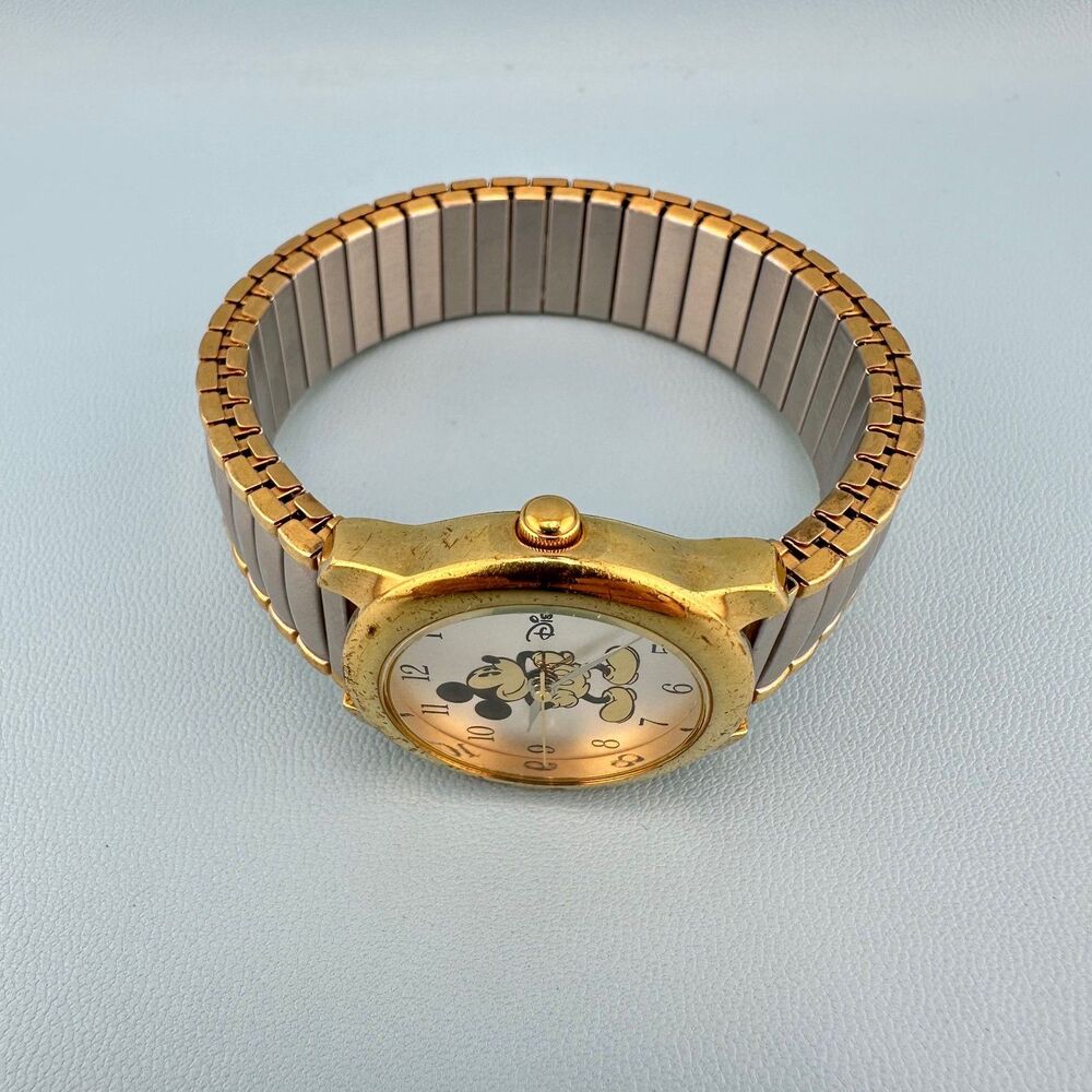 Vintage Mickey Mouse Gold Silver Tone Stretch Band Wrist Watch Tested Works - Picture 10 of 14